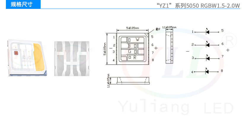 YZ1系列5050RGBW1.5-2.0W灯珠规格尺寸