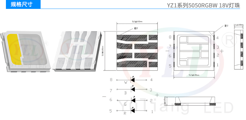YZ1系列5050RGBW灯珠-18V规格尺寸